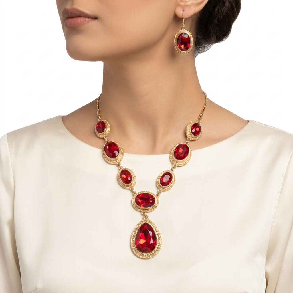 Red Crystal Jewellery Set for Women – Necklace, Earrings &amp; Ring | Elegant Party Wear