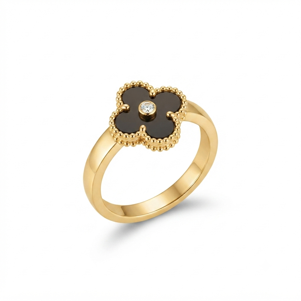 Elegant Black Clover Ring for Women | Gold Plated Fashion Ring