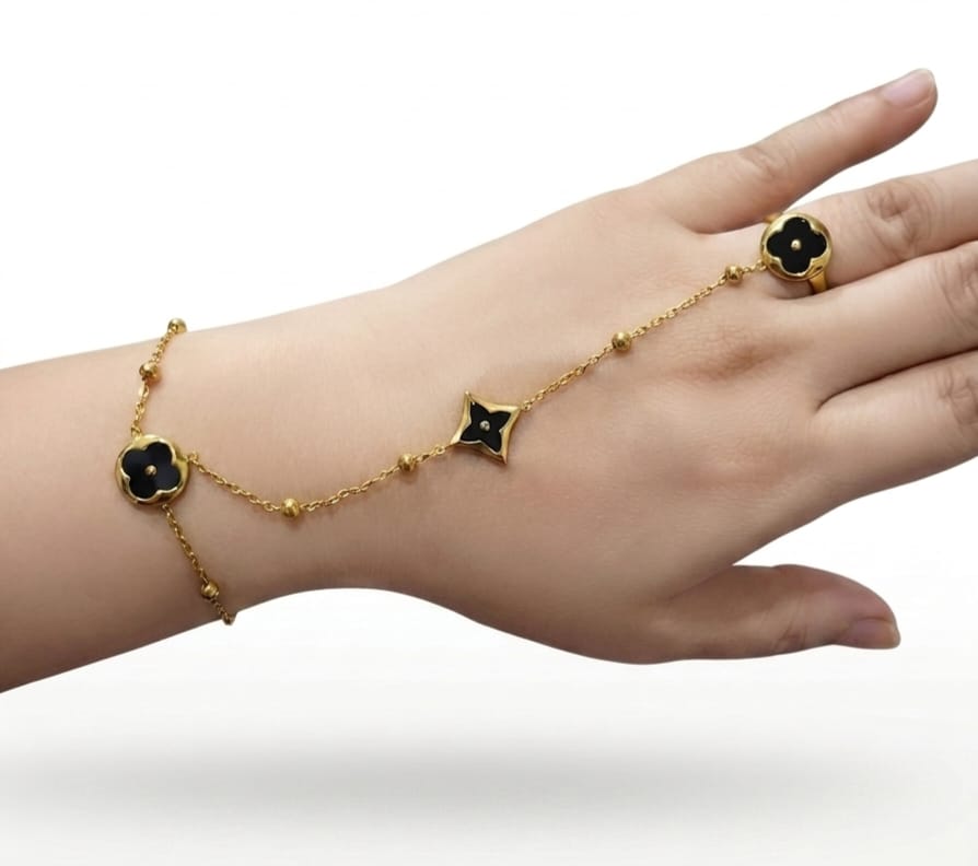 Black Floral Hand Chain Ring