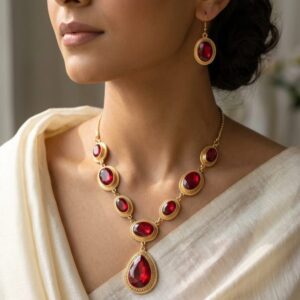 Red Crystal Jewellery Set for Women – Necklace, Earrings & Ring | Elegant Party Wear