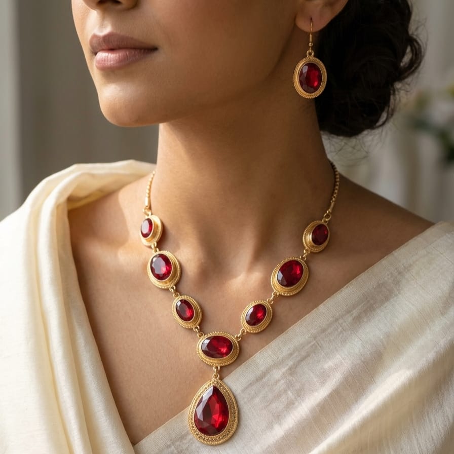 Red Crystal Jewellery Set for Women – Necklace, Earrings & Ring | Elegant Party Wear
